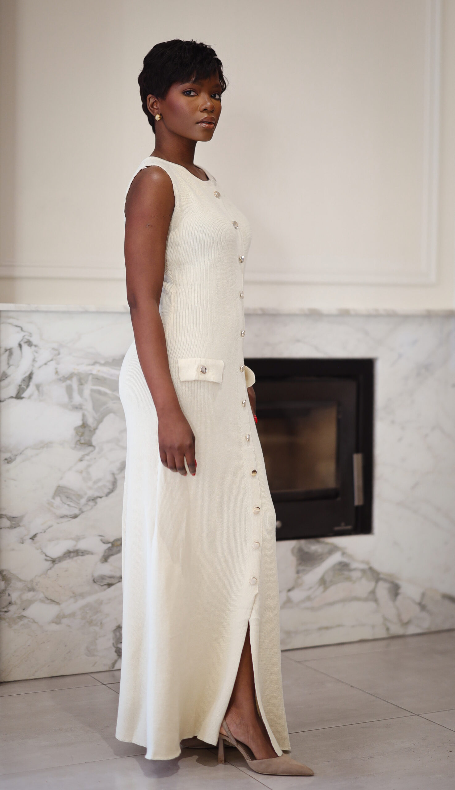 ELEGANT BUTTON-DOWN KNIT DRESS - CREAM - Image 3
