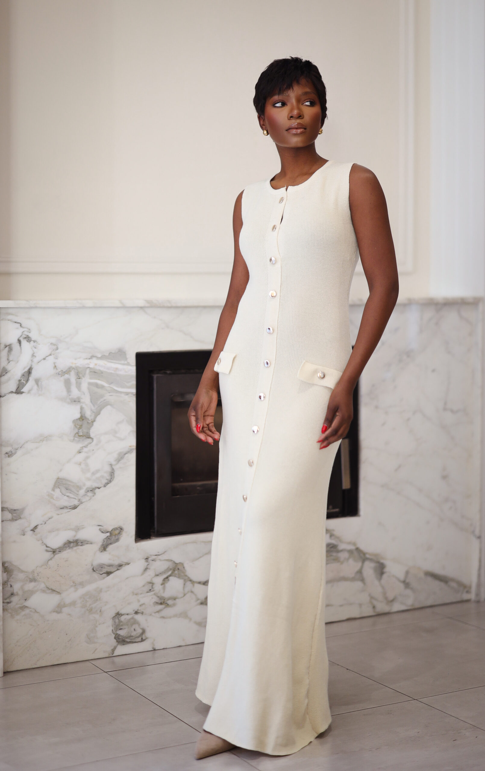 ELEGANT BUTTON-DOWN KNIT DRESS - CREAM - Image 5