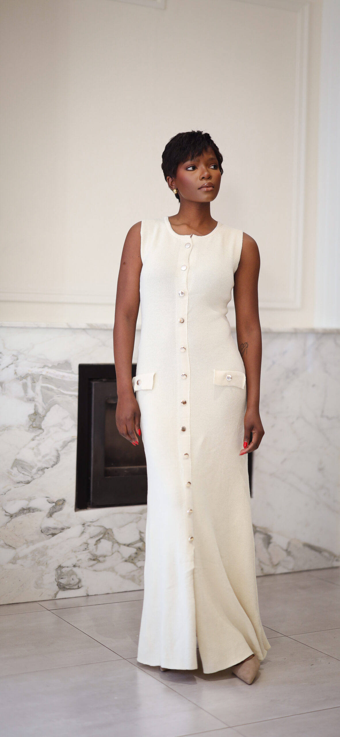 ELEGANT BUTTON-DOWN KNIT DRESS - CREAM - Image 2